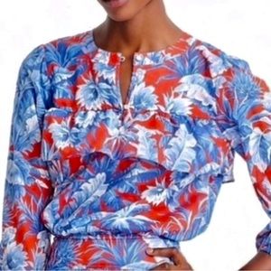J.Crew Ratti Rio Floral Ruffle Top, Red Blue Peasant Blouse, Size Small
